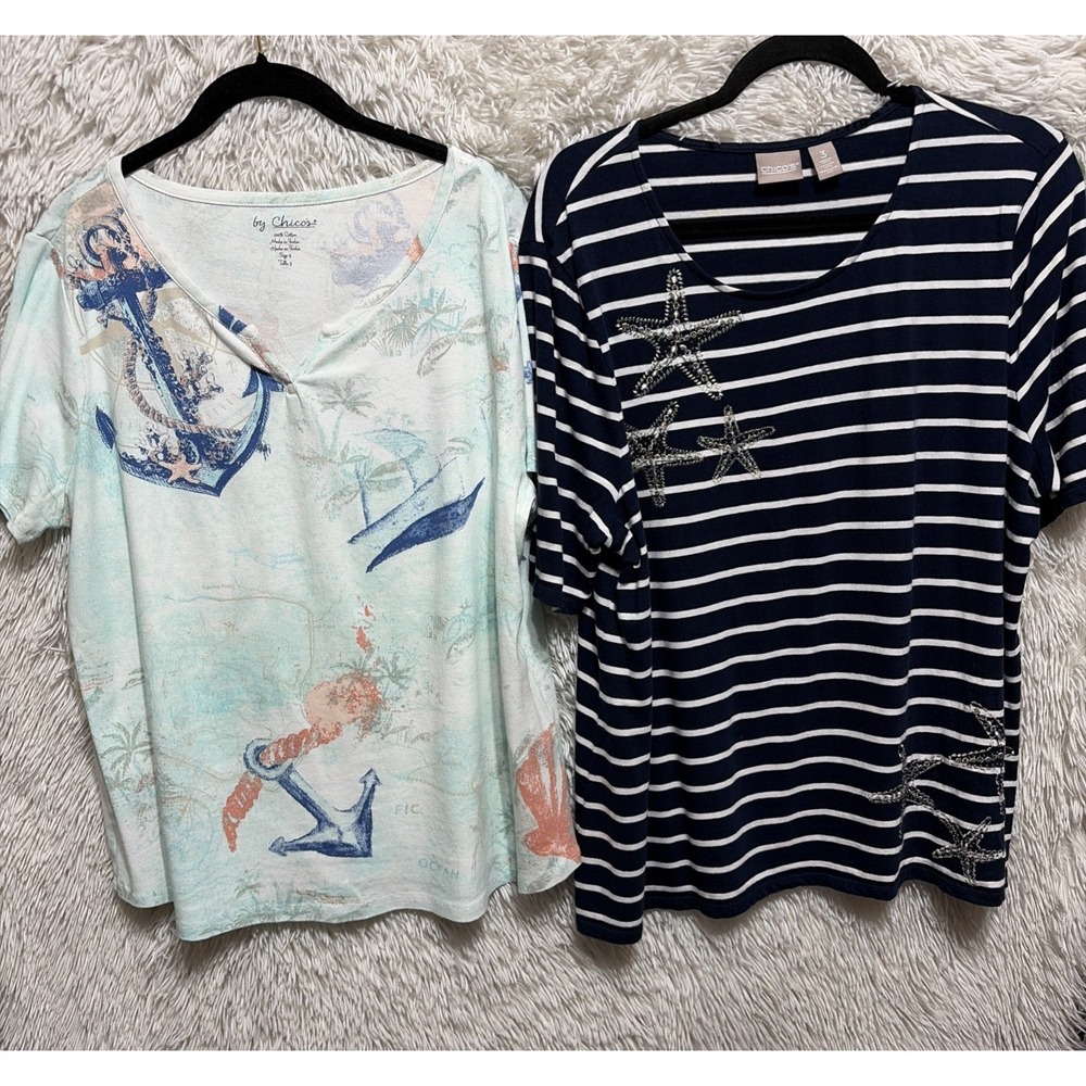 Chico's XL Top Women Sz 3 Blue Nautical Short Sleeve Vacation Cruise Bundle of 2